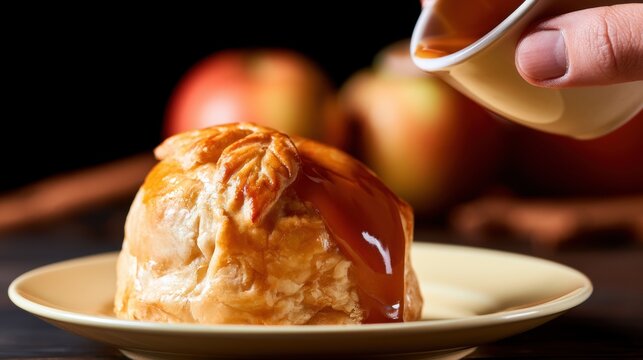 Apple dumpling drizzled with caramel sauce on dessert plate, homemade pastry treat and bakery indulgence concept
