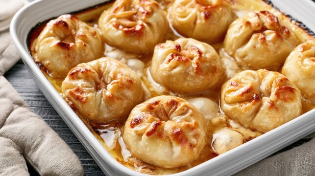 Baked apple dumplings in ceramic baking dish, homemade dessert, autumn comfort food and sweet pastry recipe concept