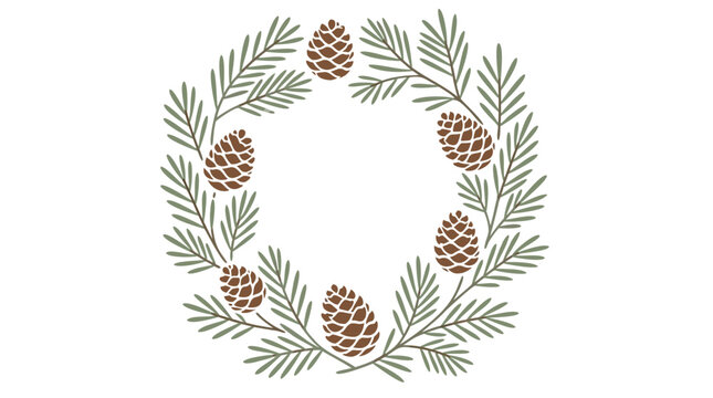 Minimalist Scandinavian Christmas Wreath with Simple Pine Branches and Pinecones, Flat Design in Sage Green and Brown, Vector Illustration for Holiday Decorations on White Background