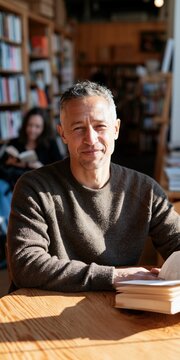 Middle aged man seated at wooden table reading in a sunlit bookstore for portrait background and lifestyle website use
