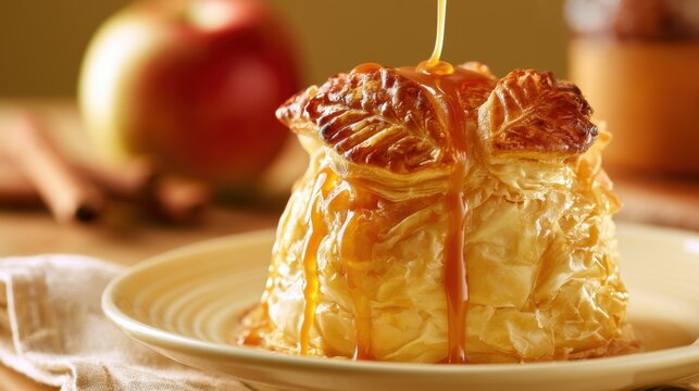 Caramel drizzling over flaky apple dumpling pastry on plate in upscale dessert setting for bakery menu, food styling, recipe and restaurant marketing