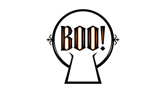 A spooky vintage keyhole design with the text boo wishing everyone a very happy halloween holiday celebration season