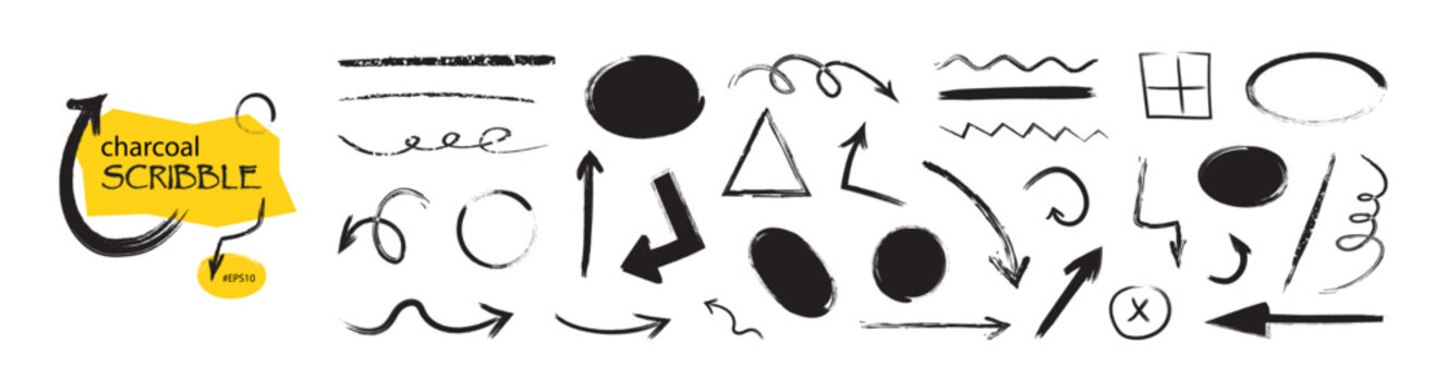 Scribble pencil sketch, charcoal doodle handdrawn. Arrow black paint brush, underline chalk texture. Circle and oval crayon stroke set isolated on white bg. Graphite note sign. Vector illustration