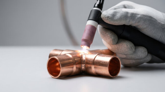 Precision welding on copper pipe fitting with protective glove and bright industrial spark