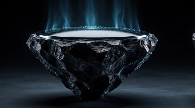 Glowing futuristic bowl rests on dark rock surface. Inner light creates circles and lines pattern. Modern design suggests clean energy or advanced tech concept.
