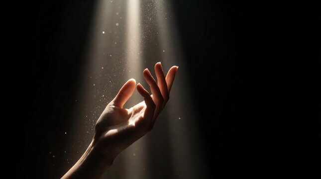 Elegant female hand reaches toward bright light beam in dark space. Glowing particles shine around skin. Concept of hope, spiritual awakening, ambition, divine connection. Human touch seeking light,