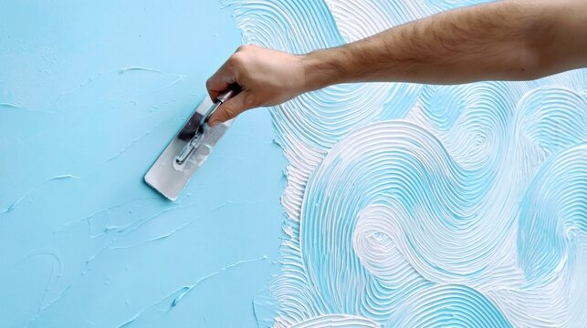 Hand applying textured white plaster to a light blue wall, creating wave patterns for decorative home renovation, featuring a creative artistic craft finish