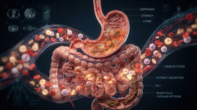 Human digestive system anatomy visualization with stomach and intestines showing nutrient absorption process for medical study.