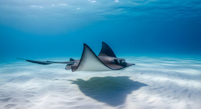 Eagle ray swimming underwater over a sandy ocean floor