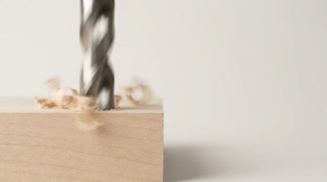 Drill bit entering wood with flying sawdust, showing dynamic motion and precision craftsmanship in close up workshop scene