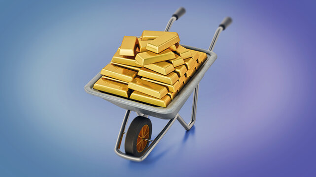 Wheelbarrow full of gold isolated on blue background. 3D illustration