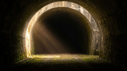 Fototapeta premium Dramatic light hitting mouth of deep tunnel creates mysterious passage through weathered stone and shadow