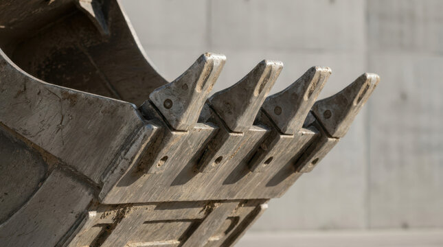 Rugged machinery tooth, sharp shovel bucket edge, industrial steel surface revealing heavy construction equipment detail