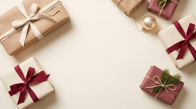 A festive flat lay background with wrapped gift boxes and decorations to wish everyone a very merry christmas holiday season