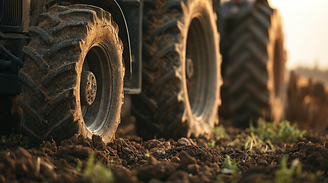 Close-up view of large agricultural tractor tires on freshly plowed soil with green vegetation in the background during golden hour light