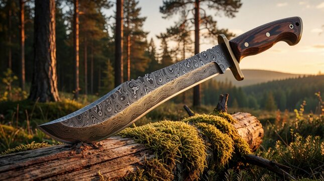 Sharp damascus steel knife with wooden handle rests on mossy tree log. Handcrafted blade shows wavy patterns. Outdoor forest setting during golden hour sunset. Heavy hunting knife tool sits in nature