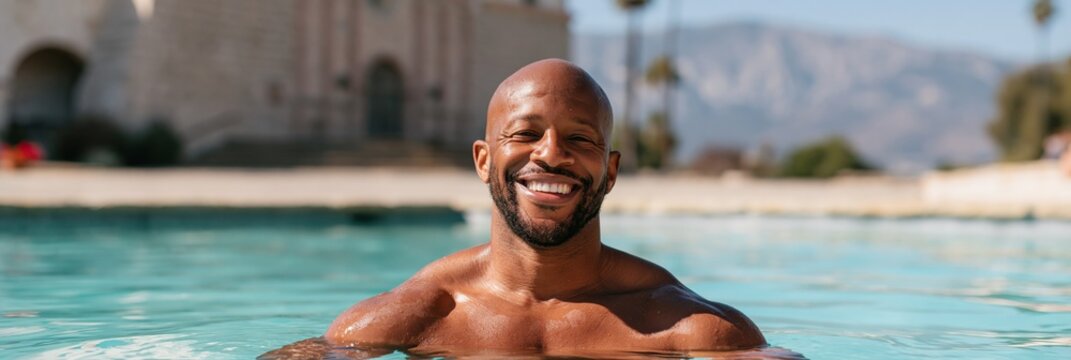 Smiling man standing in an outdoor pool with blurred historic architecture and mountain landscape for summer wellness background and lifestyle wallpaper