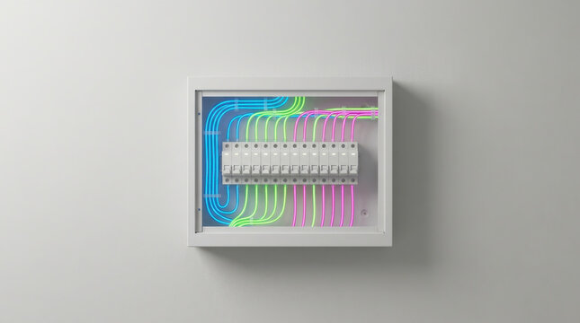 Modern fuse box with organized neon colored wiring creates clean electrical installation against neutral wall, suggesting precision and safety