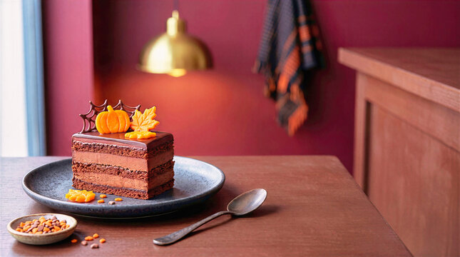 Layered chocolate cake slice decorated with pumpkin topper and spiderweb design on plate with spoon. Autumn dessert food on wooden table with warm lighting for Halloween party menu banner