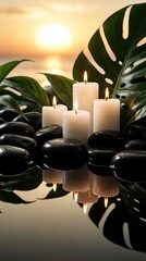 Obraz premium Four white candles burn near tropical leaves and black stones reflected in water. Sunset over calm ocean creates peaceful spa ambiance. Natural elements blend for relaxation.