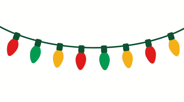 String of Christmas lights with alternating red green and gold colorful bulbs on dark green wire, festive holiday decoration vector illustration with bold flat colors on clean solid white background