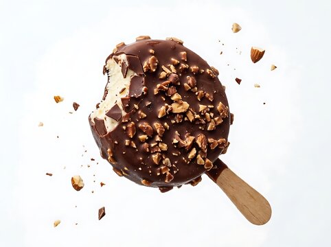 Chocolate covered ice cream treat with nuts and bite taken