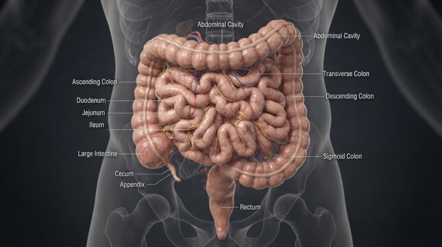Labeled human digestive system anatomy highlighting intestines and abdominal cavity for medical teaching and clinical study.
