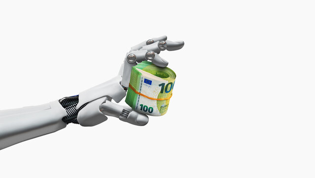 A robotic hand hands over a stack of euro banknotes, isolated against a plain background. Making money with AI.