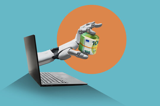 A robotic hand hands over a stack of euro banknotes, isolated against a plain background. Making money with AI.