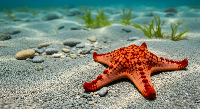 Orange starfish on sandy beach near clear blue water