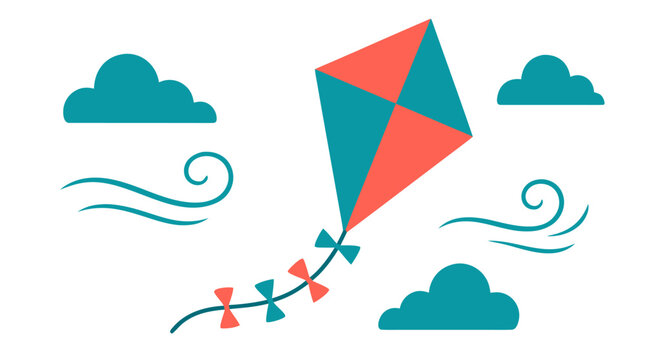 Vibrant coral and teal kite flying high with decorative wind swirl lines and fluffy clouds, flat vector illustration design on clean white background for children projects, summer themes, and outdoor
