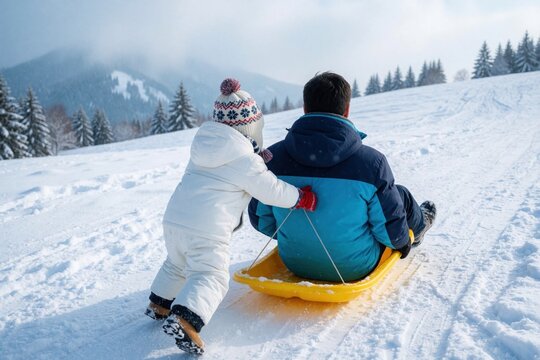 Child pushes dad on sled down snowy hill. Family enjoys winter fun, riding yellow toboggan in snowy forest landscape. Father and son playing outside.