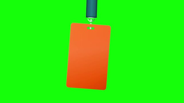 Blank orange identity badge hanging on lanyard against green screen chroma key background