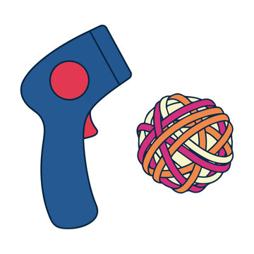 Stylized cat laser pointer toy and a sphere of tangled yarn with clean outlines and solid colors isolated on a white background, pet entertainment concept