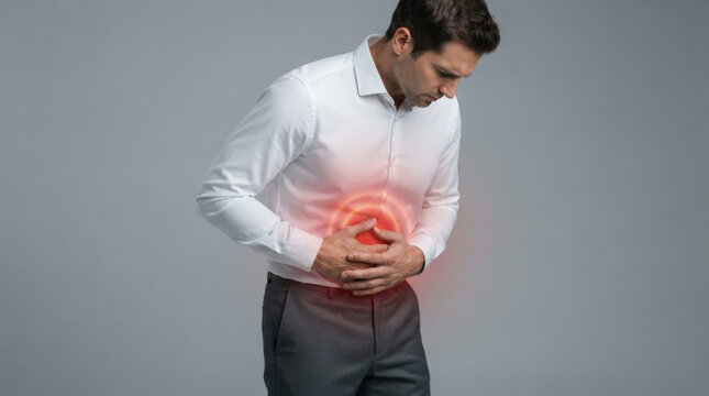 Man clutching abdomen with red glow highlighting stomach pain area representing physical distress digestive issues health care.