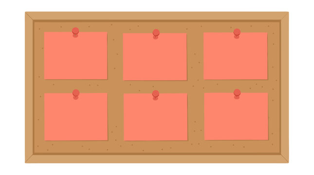 Cork Board with Blank Coral Note Cards Pinned in Grid Pattern Flat Vector Illustration Pinboard Organizer with Push Pins Tan and Salmon Color Palette Clean Minimal Design