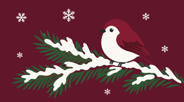 Cute Round Bullfinch Bird Perched on Snow-Covered Pine Branch with White Snowflakes Falling Against Burgundy Red Background Winter Nature Illustration - professional detailed commercial stock