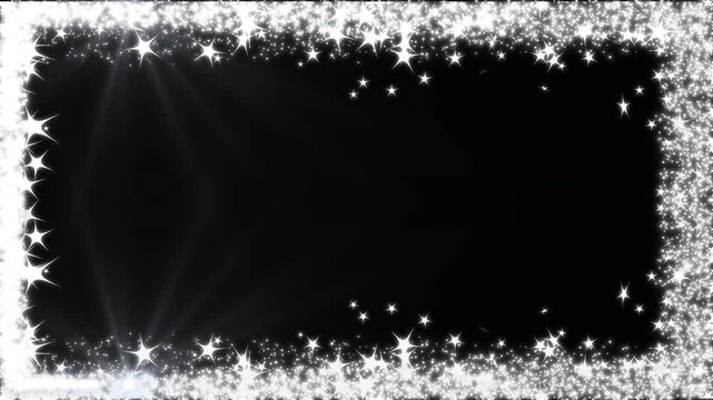 Abstract white glitter sparkle frame overlay on beautiful magical fairy dust particle movement, doodle stars motion, black screen background, border frame alpha channel animation, 4k seamless loop