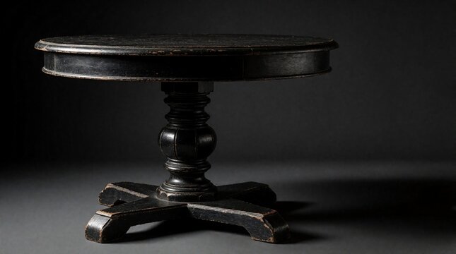 Vintage black round pedestal table with antique wooden texture. Old dark furniture stands alone in studio on dark background. Classic circular dining table with carved base, cross legs. Rustic home