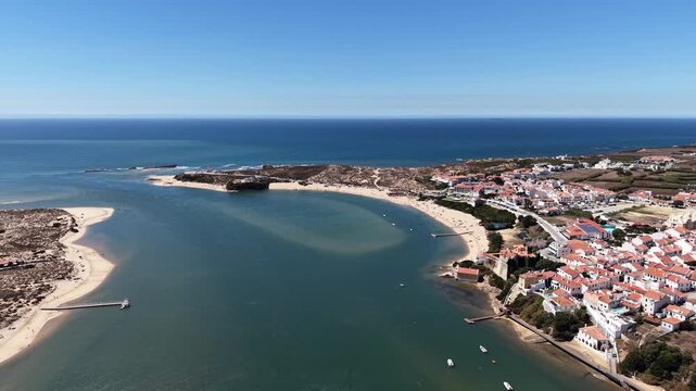 Scenic aerial view of vila nova de milfontes coastline