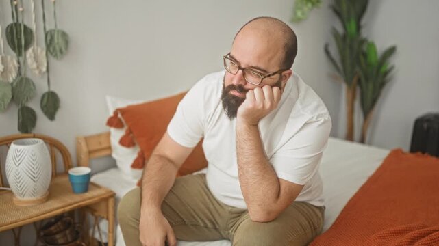 Man bald bearded wearing glasses holding remote with hand on chin while sitting on bed in building bedroom; boredom.