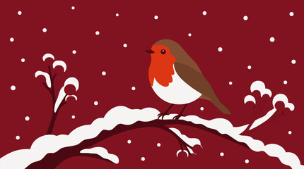 Fototapeta premium Christmas robin bird perched on snow covered branch with falling snowflakes, minimalist flat color vector illustration in burgundy red tones, winter wildlife nature scene, festive holiday decoration