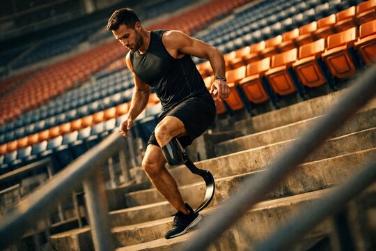Athletic man with prosthetic leg training on stadium stairs with determination.
