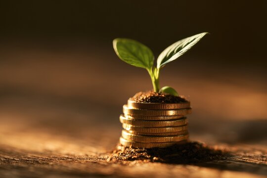 Plant emerging from a circle of coins to represent compound interest and financial growth
