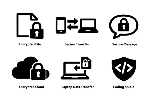 Cybersecurity icons set representing data encryption, secure transfer, and network protection