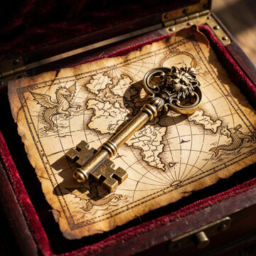 Ornate golden key rests on ancient treasure map inside velvet lined box. Vintage parchment shows mythical creatures and old world cartography suggesting adventure and mystery.