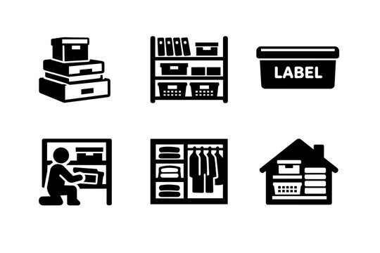 Home organization icons showing storing items in boxes, on shelves, in baskets, and neatly arranged clothes in a closet