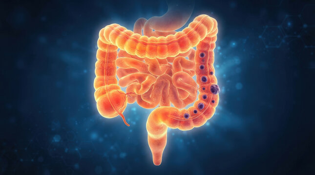 Colon cancer pathology conceptual visualization displaying malignant growths inside diseased human large intestine anatomy structure.