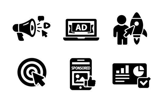 Digital marketing icons set representing online promotion, advertising campaign, targeting, sponsorship, and business analytics