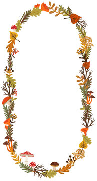 Autumn arch frame with pine, mushroom and forest foliage woven around toadstools, chanterelles and berries. Vector wreath leaves empty center for photos, fitting cards and woodland invitations